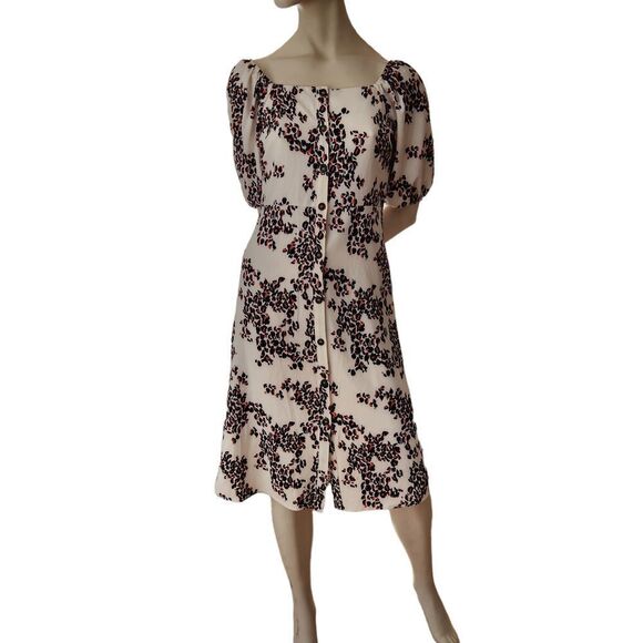 Ophelia Roe Dress White Floral Button Front 1/2 Sleeve Square Neck Off Shoulder - Picture 2 of 12